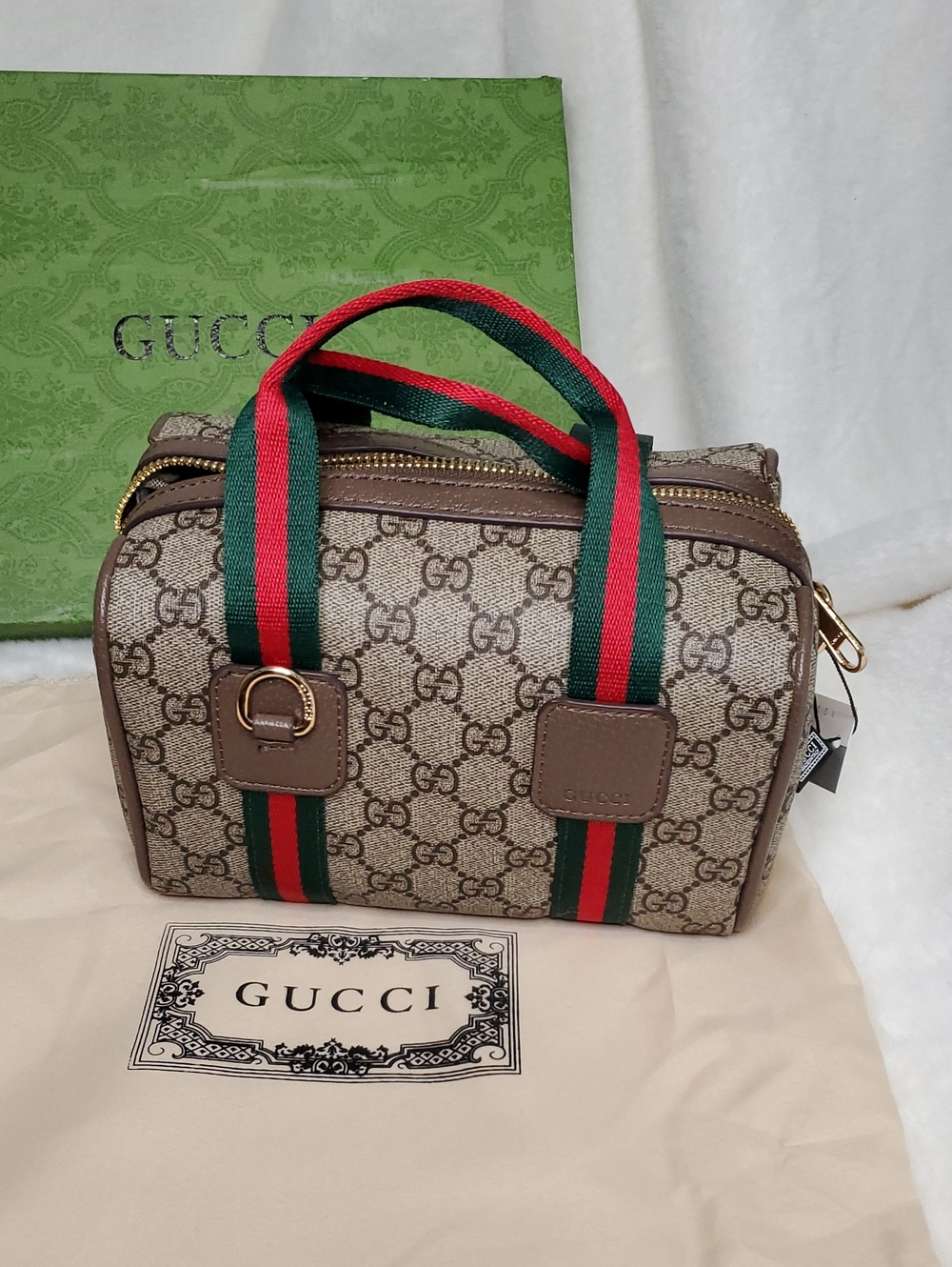 Gucci Brown GG Supreme Crossbody Bag with Green-Red Web